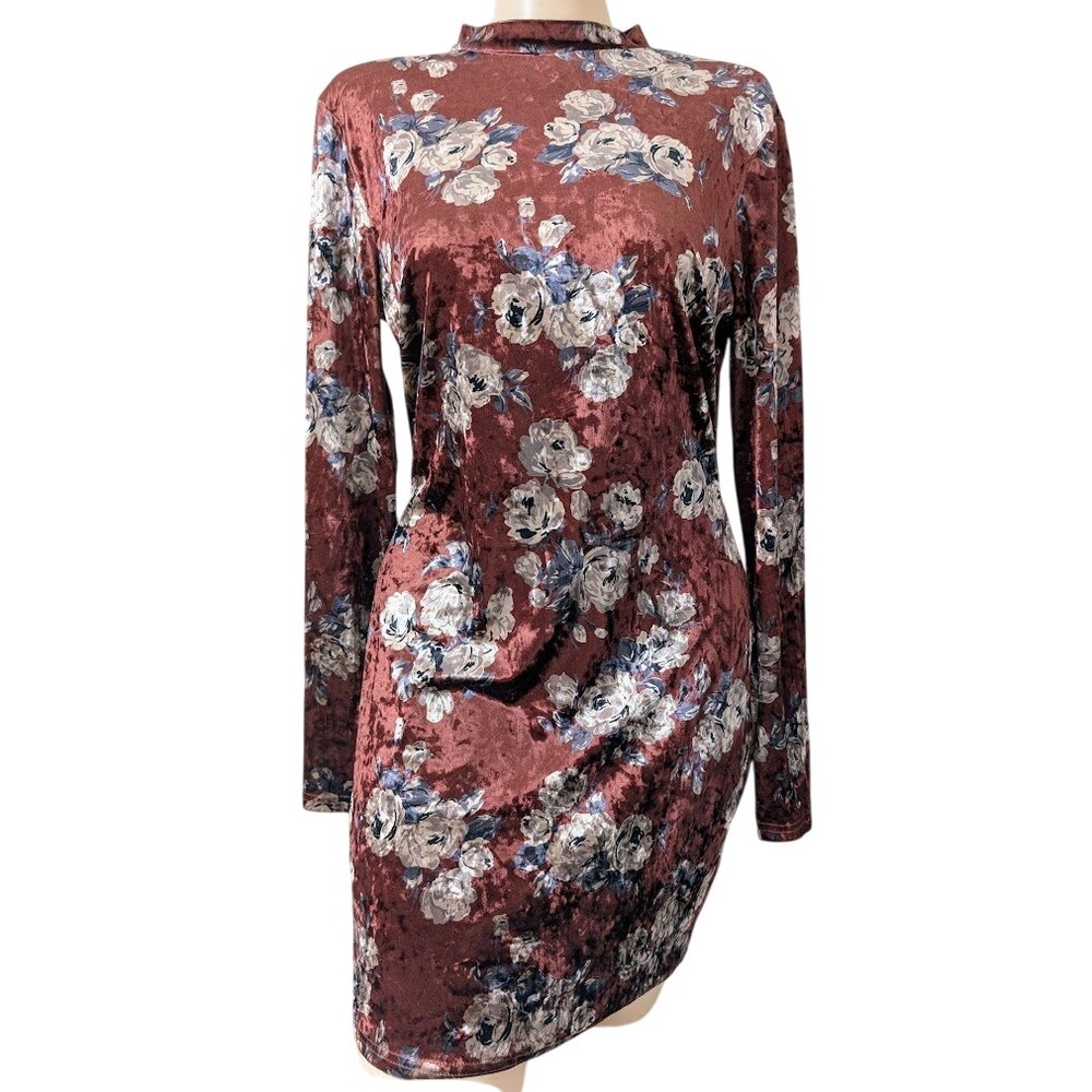 Crushed Velvet‎ Y2K Mini Dress Large Open Back Forest Fairy Brown Floral Bodycon